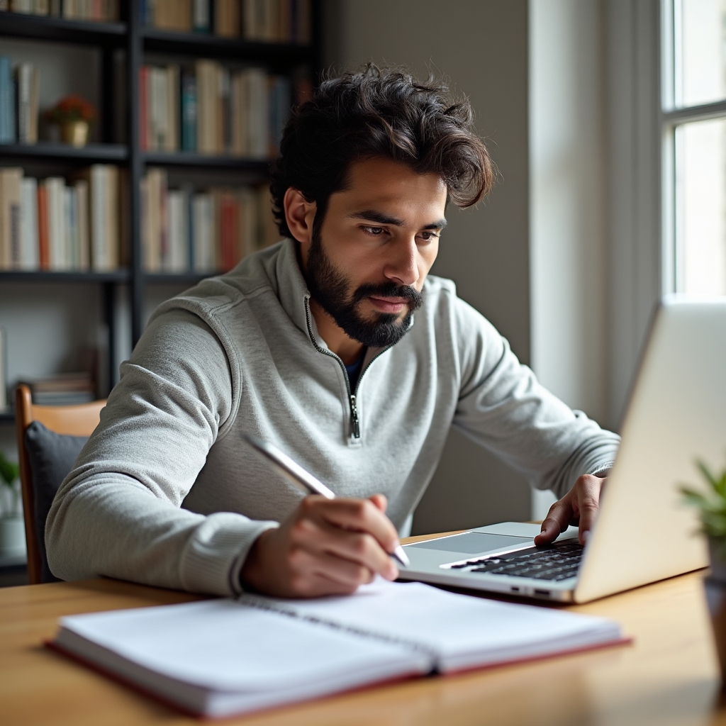 Person lernt konzentriert am Laptop mit Notizbuch und Kaffee