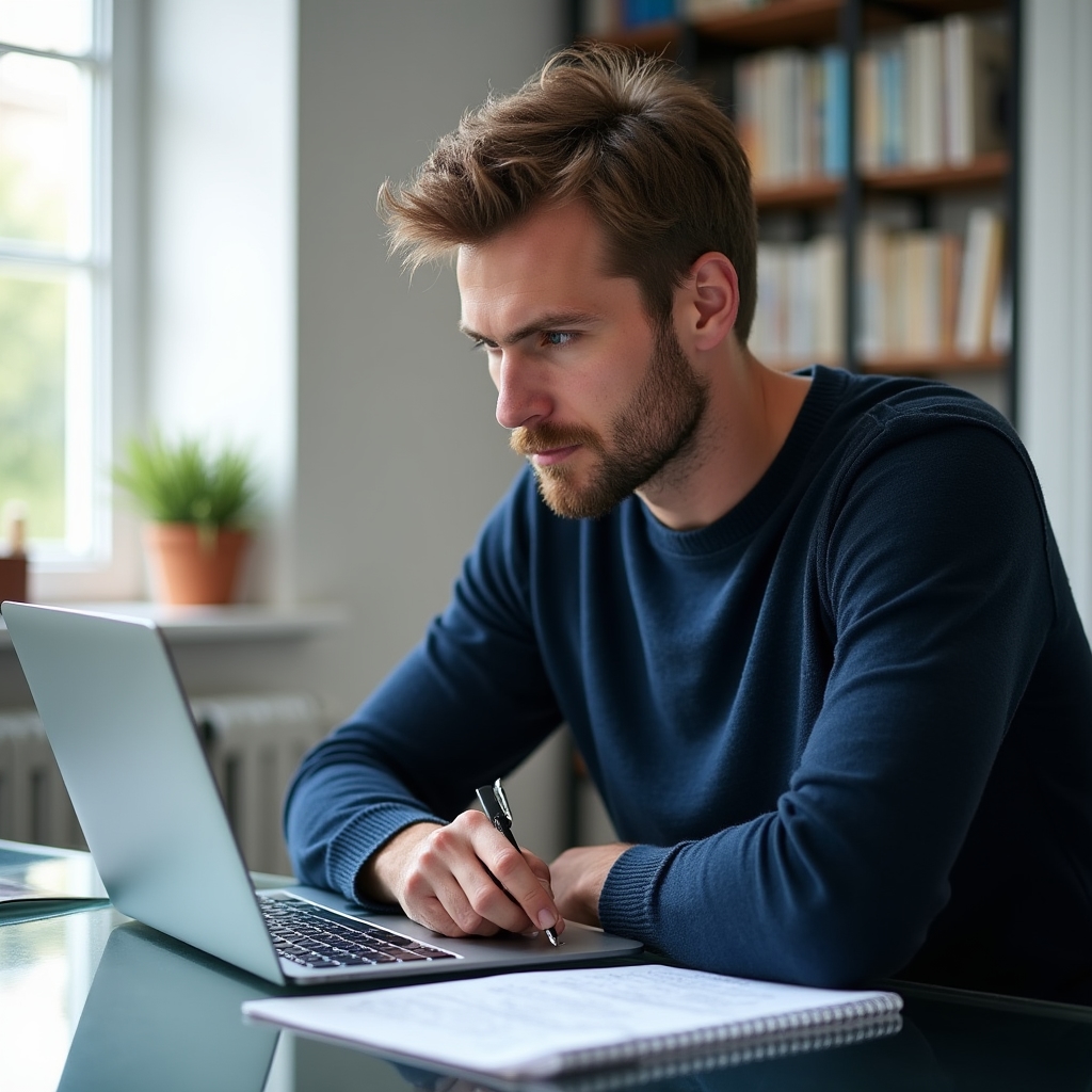 Tiefe Konzentration am Schreibtisch, fokussiertes Arbeiten
