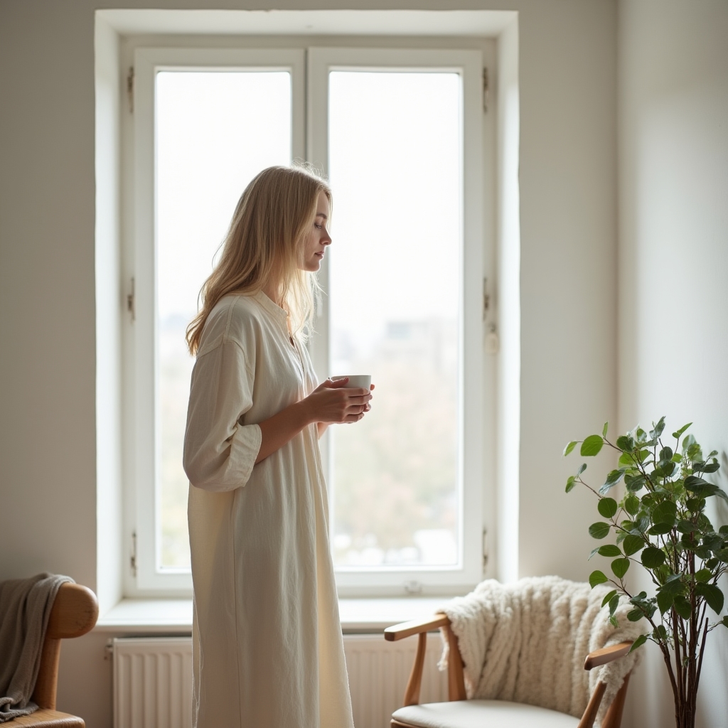 Ruhige Person in achtsamer Haltung bei natürlichem Licht